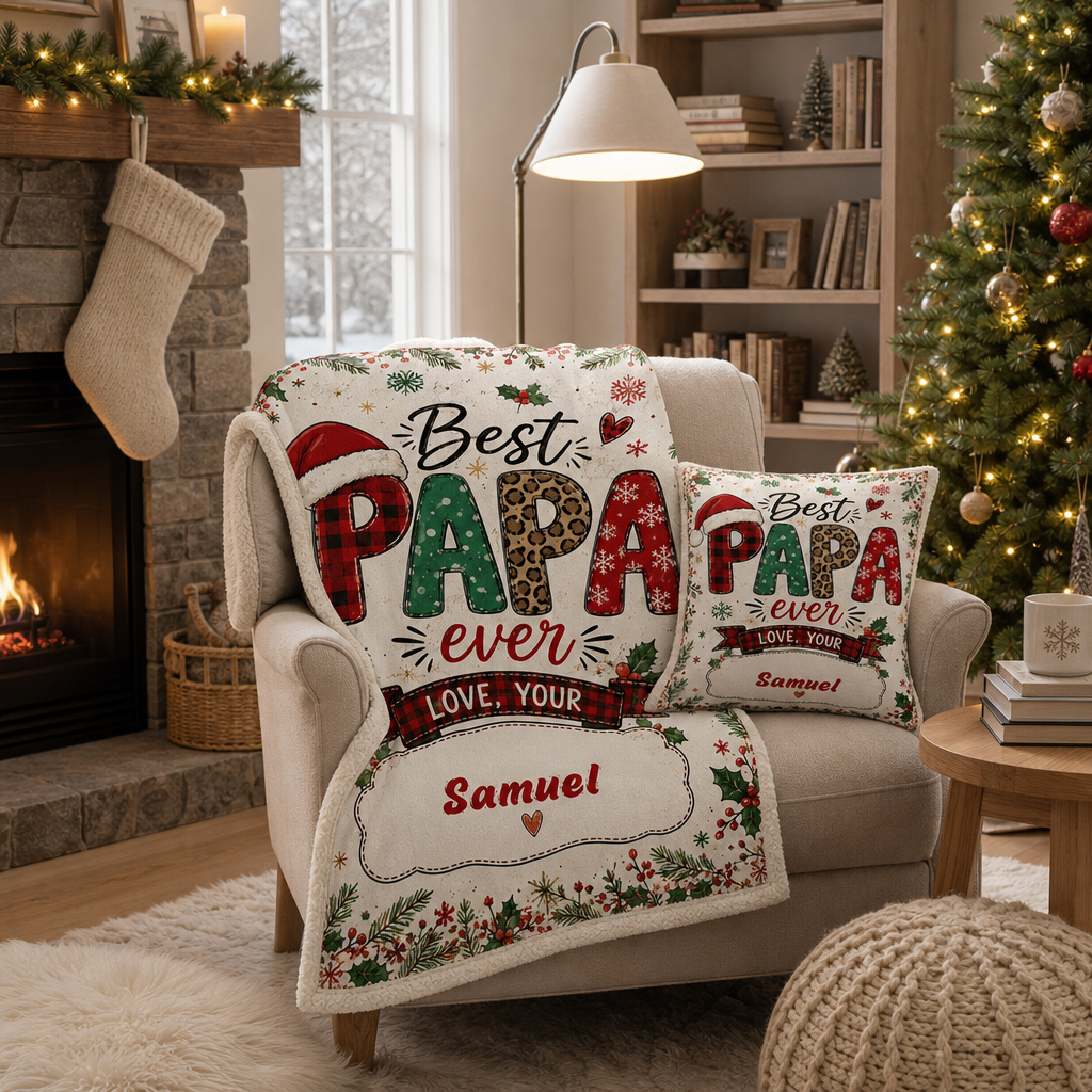 Personalized Best PAPA Ever Christmas Blanket, Custom Name Buffalo Plaid Leopard Grandpa Xmas Fleece Blanket, Cozy Holiday Keepsake Gift for Dad Grandpa Papa