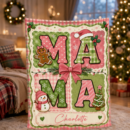 Personalized MAMA Christmas Grid Blanket, Custom Name Pastel Holiday Fleece Blanket for Mom, Cozy Pink Green Xmas Throw Keepsake Gift