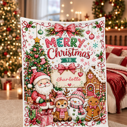 Personalized Merry Christmas Blanket, Custom Name Holiday Fleece Blanket, Santa Reindeer Snowman Gingerbread House Cozy Xmas Throw Keepsake Gift