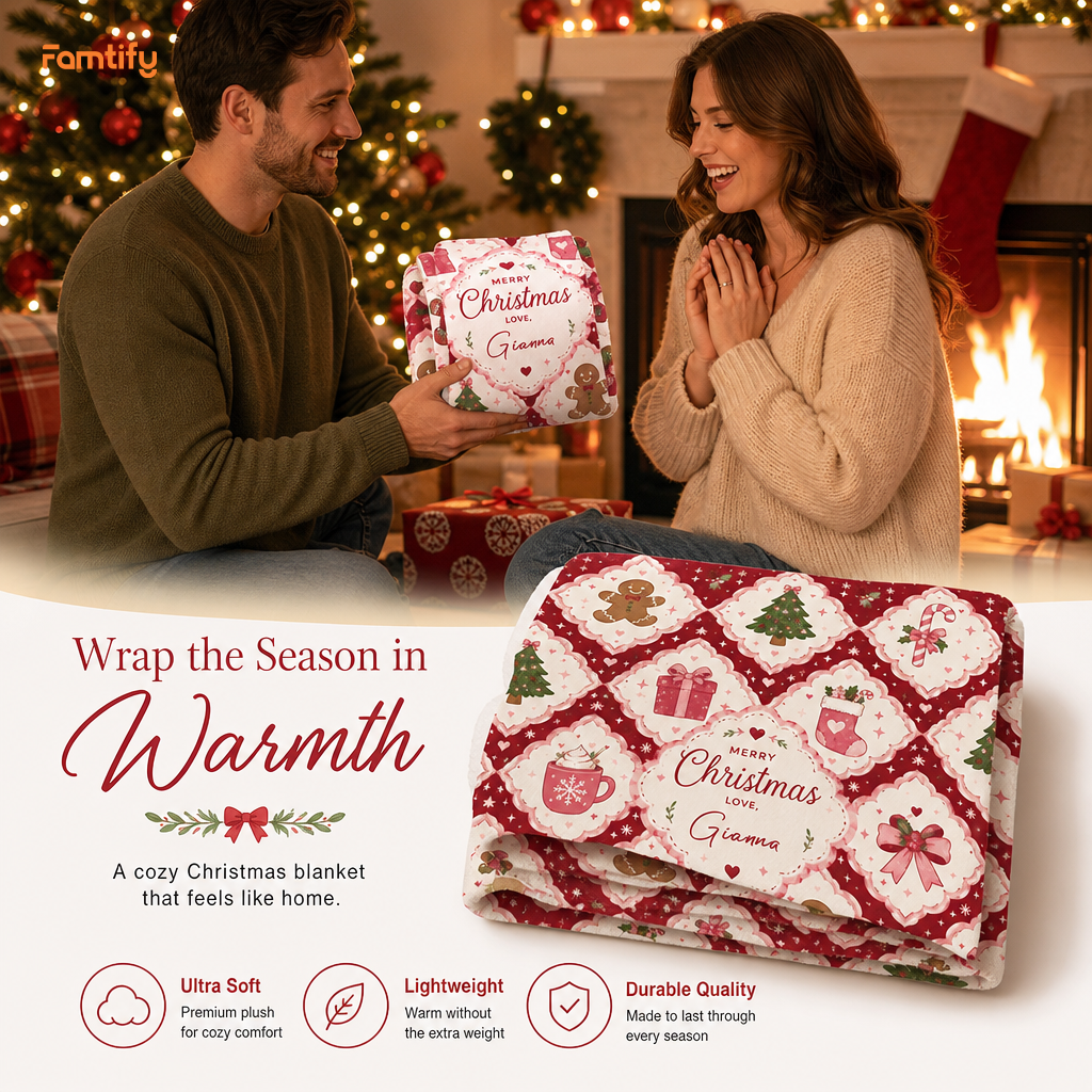Personalized Merry Christmas Grid Blanket, Custom Name Red White Diamond Holiday Fleece Blanket, Cozy Xmas Pattern Throw Keepsake Gift