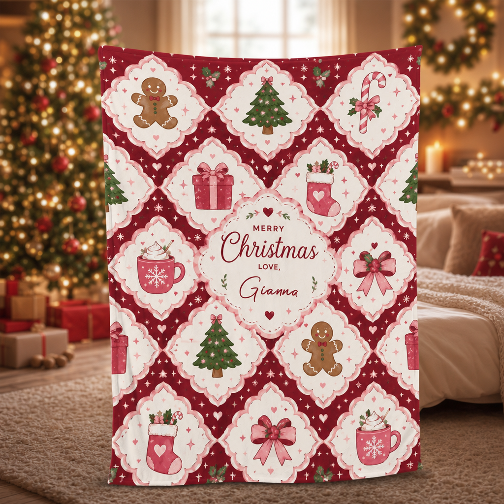 Personalized Merry Christmas Grid Blanket, Custom Name Red White Diamond Holiday Fleece Blanket, Cozy Xmas Pattern Throw Keepsake Gift