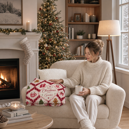 Personalized Merry Christmas Grid Blanket, Custom Name Red White Diamond Holiday Fleece Blanket, Cozy Xmas Pattern Throw Keepsake Gift