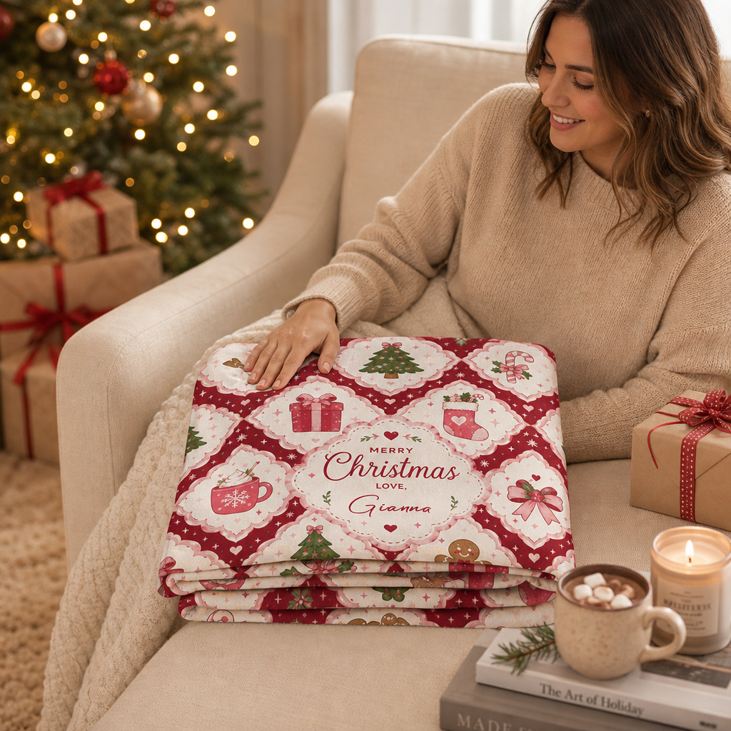 Personalized Merry Christmas Grid Blanket, Custom Name Red White Diamond Holiday Fleece Blanket, Cozy Xmas Pattern Throw Keepsake Gift
