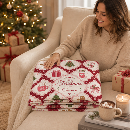 Personalized Merry Christmas Grid Blanket, Custom Name Red White Diamond Holiday Fleece Blanket, Cozy Xmas Pattern Throw Keepsake Gift