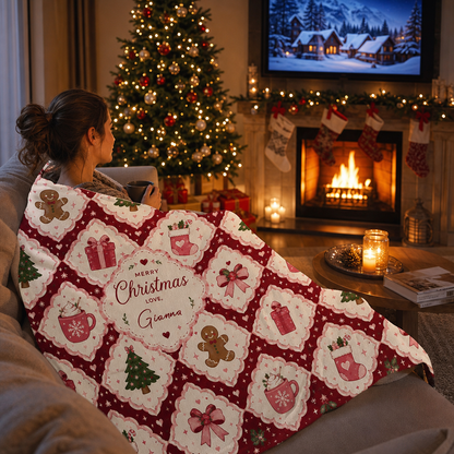 Personalized Merry Christmas Grid Blanket, Custom Name Red White Diamond Holiday Fleece Blanket, Cozy Xmas Pattern Throw Keepsake Gift