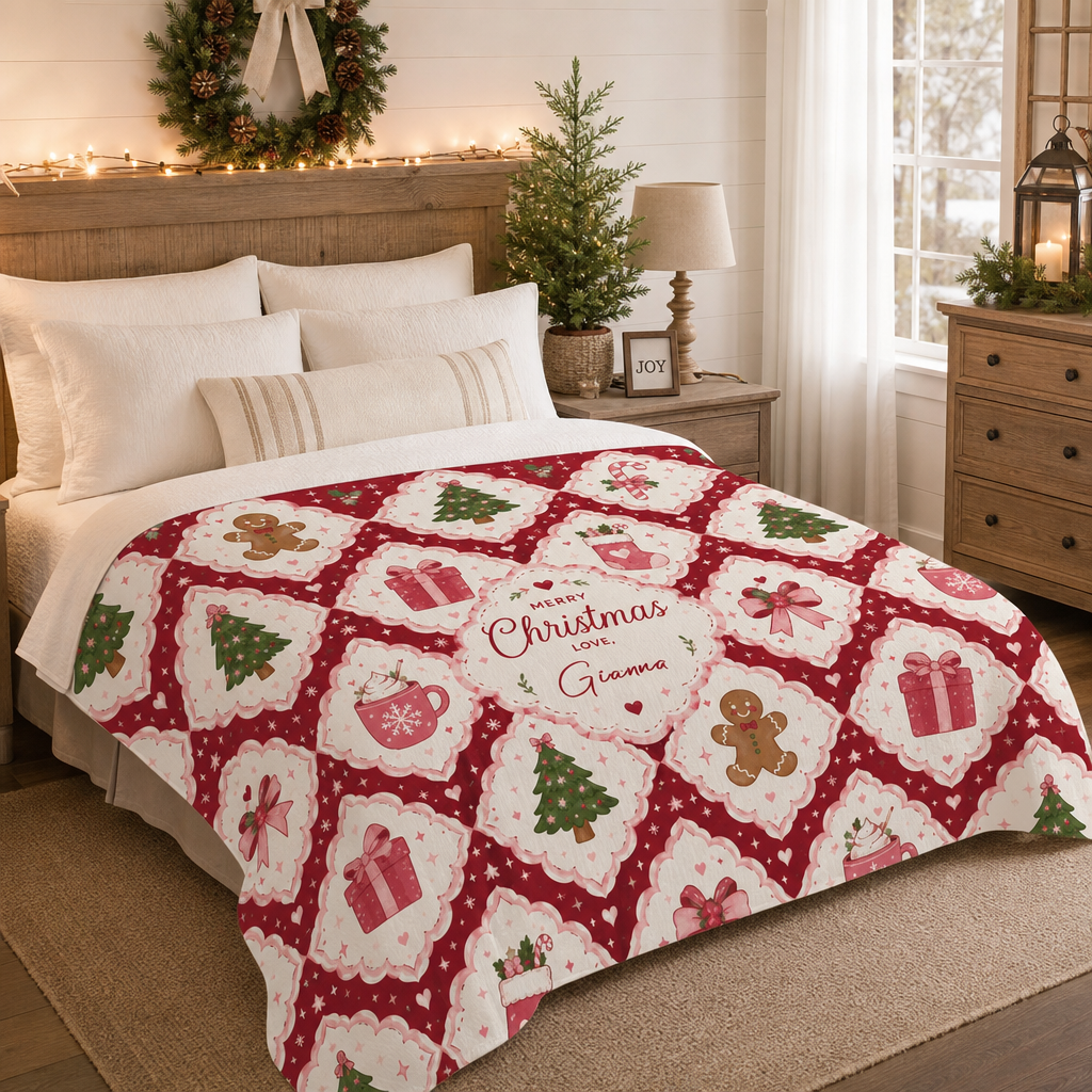 Personalized Merry Christmas Grid Blanket, Custom Name Red White Diamond Holiday Fleece Blanket, Cozy Xmas Pattern Throw Keepsake Gift