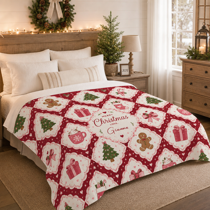 Personalized Merry Christmas Grid Blanket, Custom Name Red White Diamond Holiday Fleece Blanket, Cozy Xmas Pattern Throw Keepsake Gift
