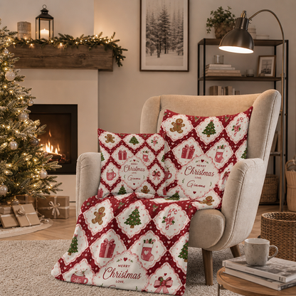 Personalized Merry Christmas Grid Blanket, Custom Name Red White Diamond Holiday Fleece Blanket, Cozy Xmas Pattern Throw Keepsake Gift