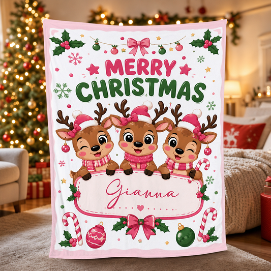 Personalized Cute Reindeer Christmas Blanket, Custom Name Pink Holiday Fleece Blanket for Kids Girls, Cozy Xmas Throw Keepsake Gift