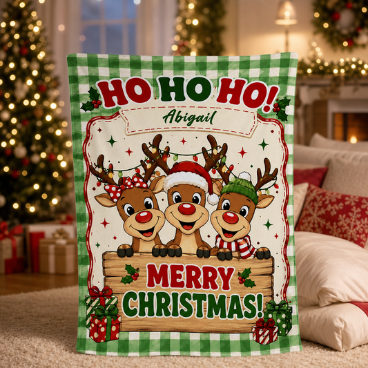 Personalized Green Gingham Reindeer Christmas Blanket, Custom Name HO HO HO Holiday Fleece Blanket for Kids, Cozy Reindeer Trio Xmas Throw Keepsake Gift