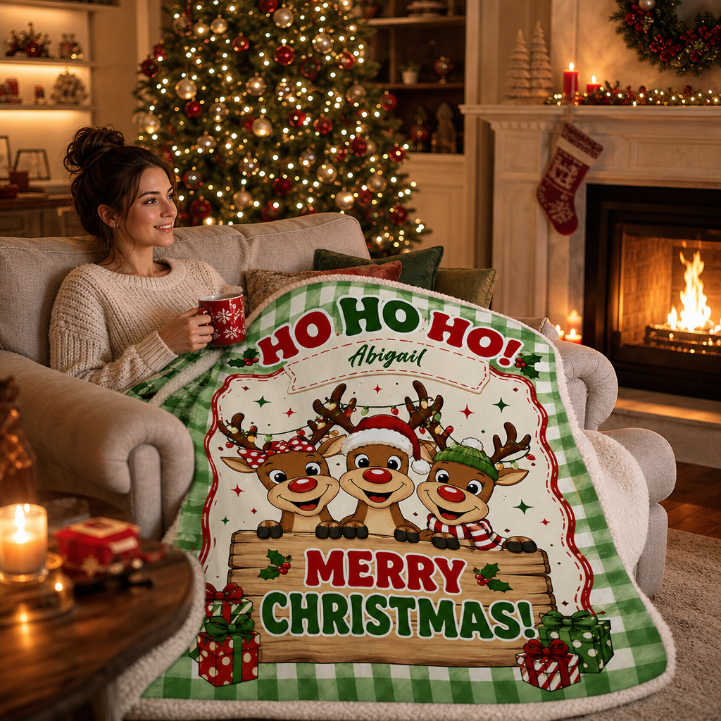Personalized Green Gingham Reindeer Christmas Blanket, Custom Name HO HO HO Holiday Fleece Blanket for Kids, Cozy Reindeer Trio Xmas Throw Keepsake Gift