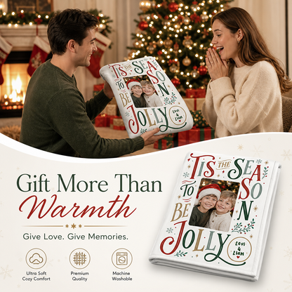 Personalized Photo Tis The Season To Be Jolly Christmas Blanket, Custom Name Family Photo Holiday Fleece Blanket, Cozy Xmas Picture Throw Keepsake Gift