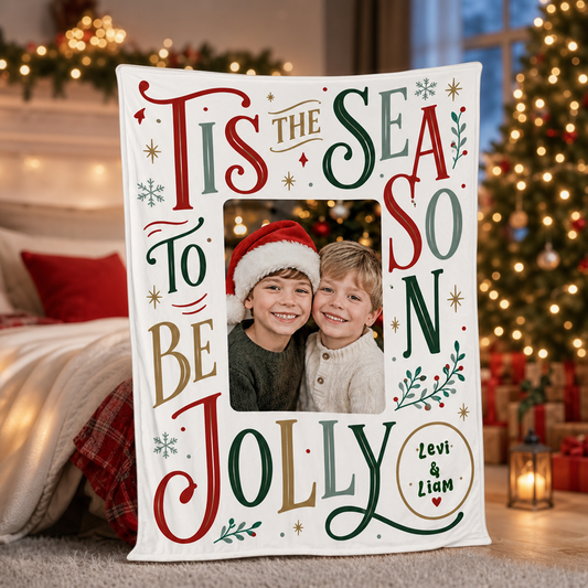 Personalized Photo Tis The Season To Be Jolly Christmas Blanket, Custom Name Family Photo Holiday Fleece Blanket, Cozy Xmas Picture Throw Keepsake Gift