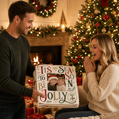 Personalized Photo Tis The Season To Be Jolly Christmas Blanket, Custom Name Family Photo Holiday Fleece Blanket, Cozy Xmas Picture Throw Keepsake Gift