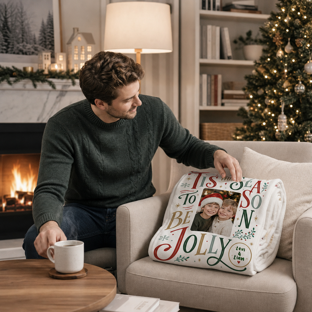 Personalized Photo Tis The Season To Be Jolly Christmas Blanket, Custom Name Family Photo Holiday Fleece Blanket, Cozy Xmas Picture Throw Keepsake Gift