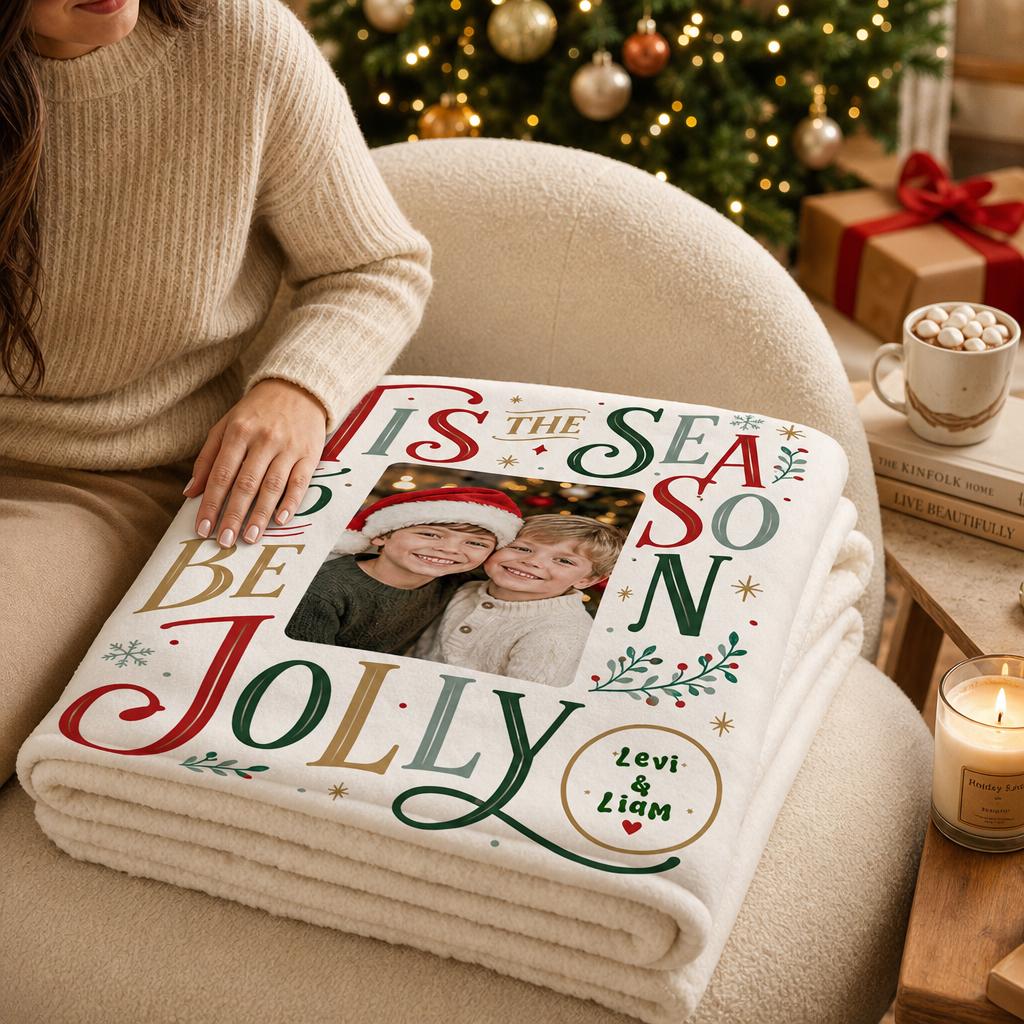 Personalized Photo Tis The Season To Be Jolly Christmas Blanket, Custom Name Family Photo Holiday Fleece Blanket, Cozy Xmas Picture Throw Keepsake Gift