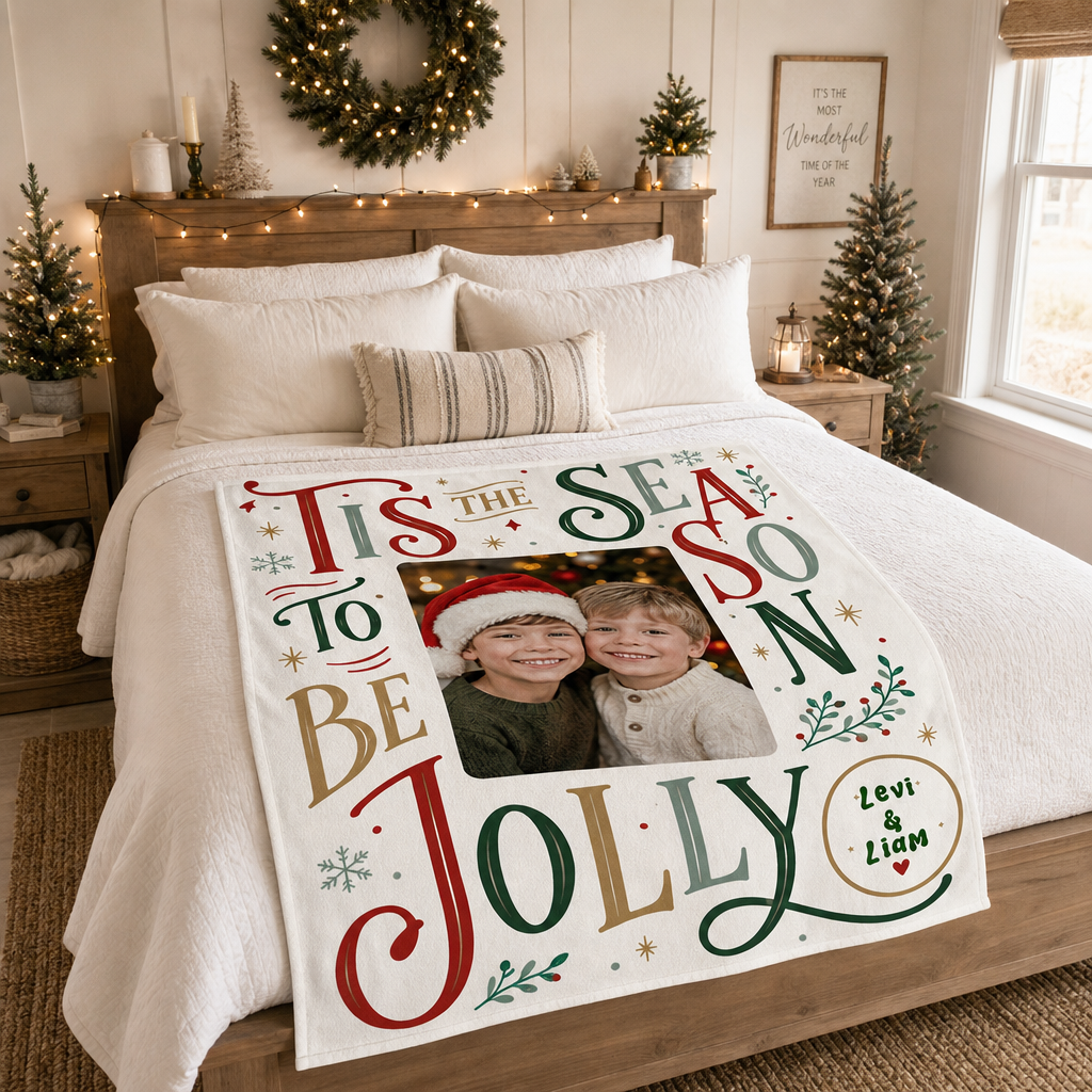 Personalized Photo Tis The Season To Be Jolly Christmas Blanket, Custom Name Family Photo Holiday Fleece Blanket, Cozy Xmas Picture Throw Keepsake Gift