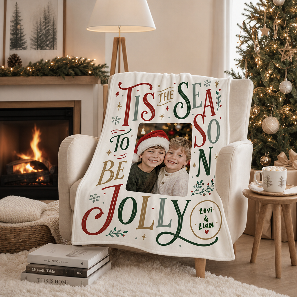 Personalized Photo Tis The Season To Be Jolly Christmas Blanket, Custom Name Family Photo Holiday Fleece Blanket, Cozy Xmas Picture Throw Keepsake Gift