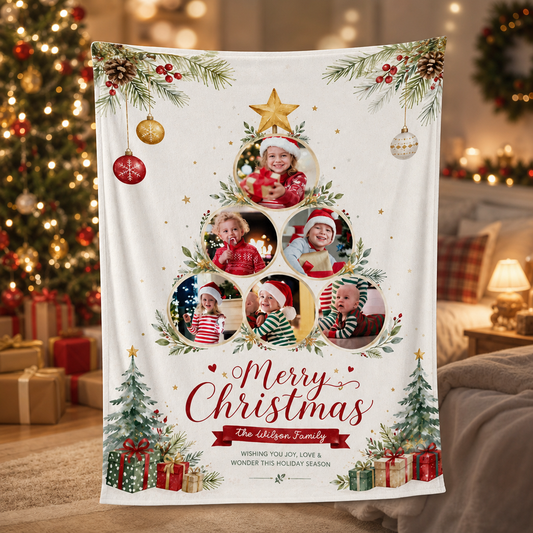 Personalized Multi Photo Christmas Tree Collaged Blanket, Custom Family Name Holiday Fleece Blanket, Cozy Xmas Picture Memory Throw Keepsake Gift