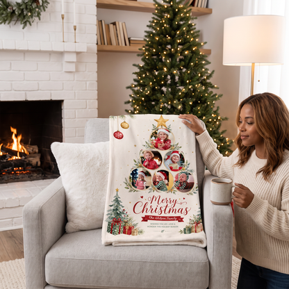 Personalized Multi Photo Christmas Tree Collaged Blanket, Custom Family Name Holiday Fleece Blanket, Cozy Xmas Picture Memory Throw Keepsake Gift