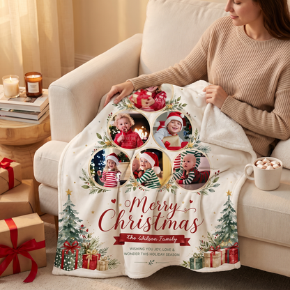 Personalized Multi Photo Christmas Tree Collaged Blanket, Custom Family Name Holiday Fleece Blanket, Cozy Xmas Picture Memory Throw Keepsake Gift