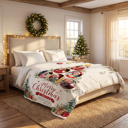 Personalized Multi Photo Christmas Tree Collaged Blanket, Custom Family Name Holiday Fleece Blanket, Cozy Xmas Picture Memory Throw Keepsake Gift