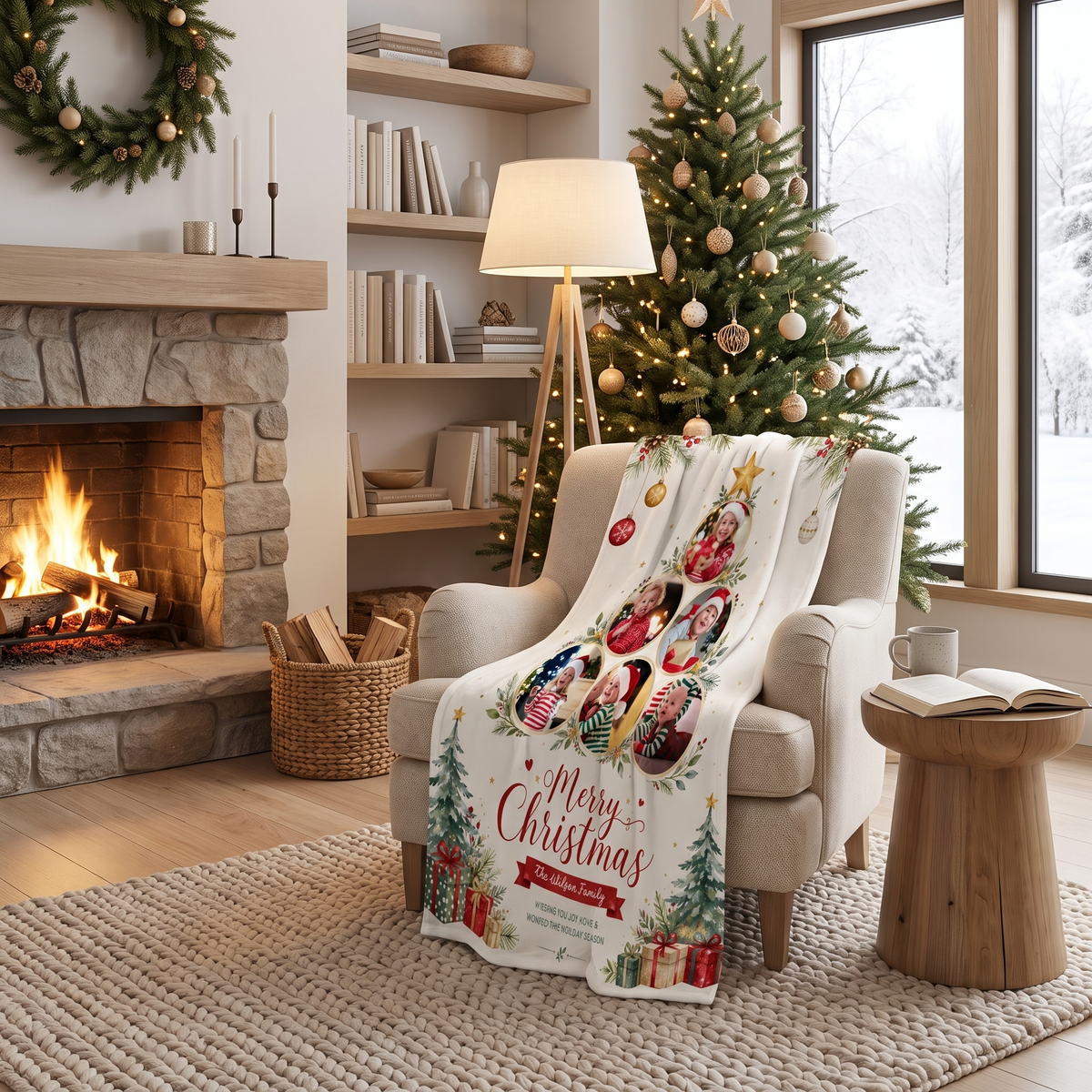 Personalized Multi Photo Christmas Tree Collaged Blanket, Custom Family Name Holiday Fleece Blanket, Cozy Xmas Picture Memory Throw Keepsake Gift