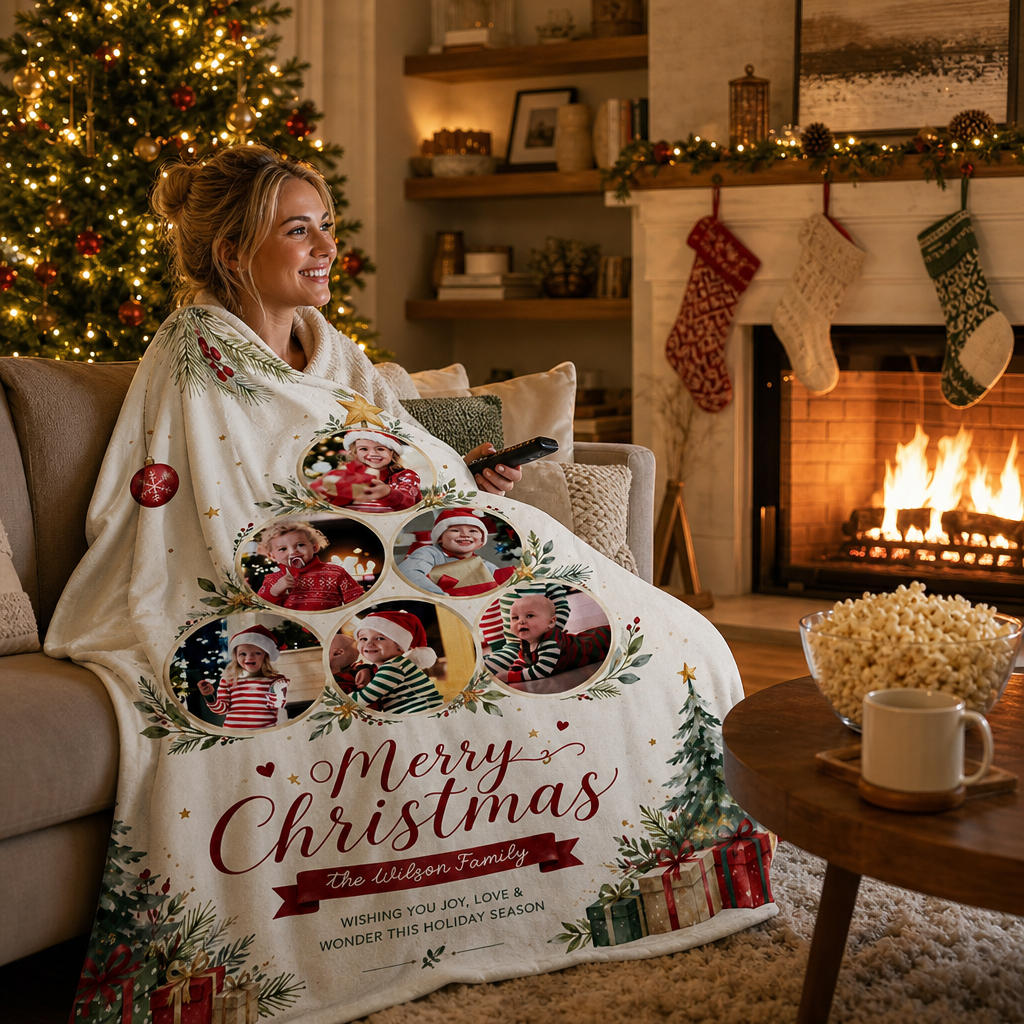 Personalized Multi Photo Christmas Tree Collaged Blanket, Custom Family Name Holiday Fleece Blanket, Cozy Xmas Picture Memory Throw Keepsake Gift
