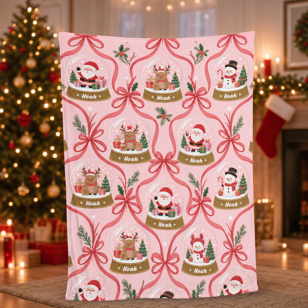 Personalized Pink Snow Globe Christmas Blanket, Custom Name Pink Ribbon Holiday Fleece Blanket for Kids Girls, Cozy Xmas Throw Keepsake Gift