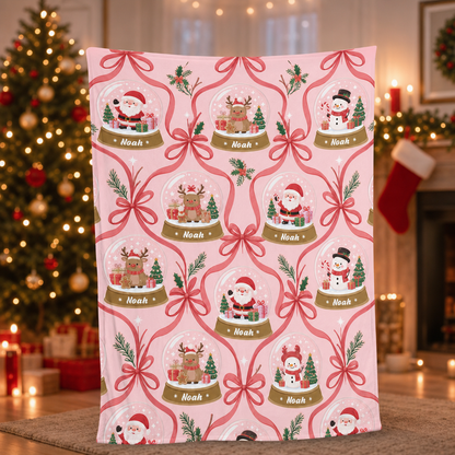 Personalized Pink Snow Globe Christmas Blanket, Custom Name Pink Ribbon Holiday Fleece Blanket for Kids Girls, Cozy Xmas Throw Keepsake Gift