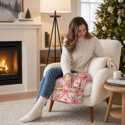 Personalized Pink Christmas Snow Globe Blanket, Custom Name Coquette Bow Pink Holiday Fleece Blanket for Kids Girls, Cozy Xmas Snowglobe Throw Keepsake Gift