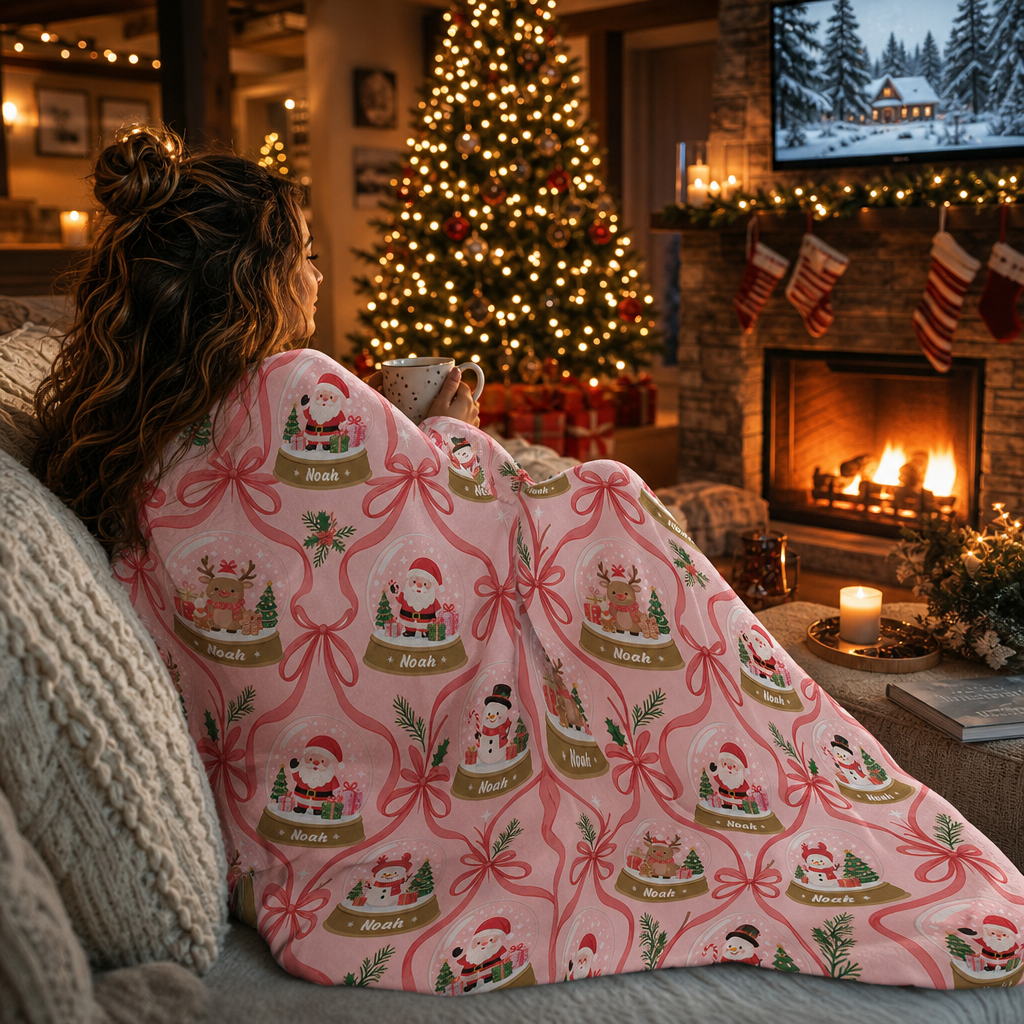 Personalized Pink Snow Globe Christmas Blanket, Custom Name Pink Ribbon Holiday Fleece Blanket for Kids Girls, Cozy Xmas Throw Keepsake Gift