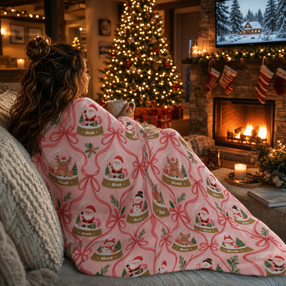 Personalized Pink Snow Globe Christmas Blanket, Custom Name Pink Ribbon Holiday Fleece Blanket for Kids Girls, Cozy Xmas Throw Keepsake Gift