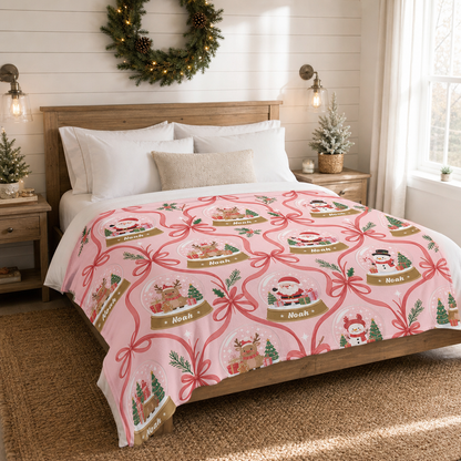 Personalized Pink Christmas Snow Globe Blanket, Custom Name Coquette Bow Pink Holiday Fleece Blanket for Kids Girls, Cozy Xmas Snowglobe Throw Keepsake Gift