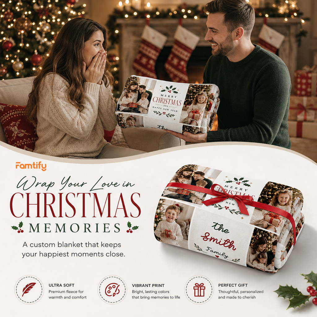 Personalized Multi Photo Grid Family Christmas Blanket, Custom Family Name Holiday Fleece Blanket, Cozy Xmas Picture Memory Throw Keepsake Gift