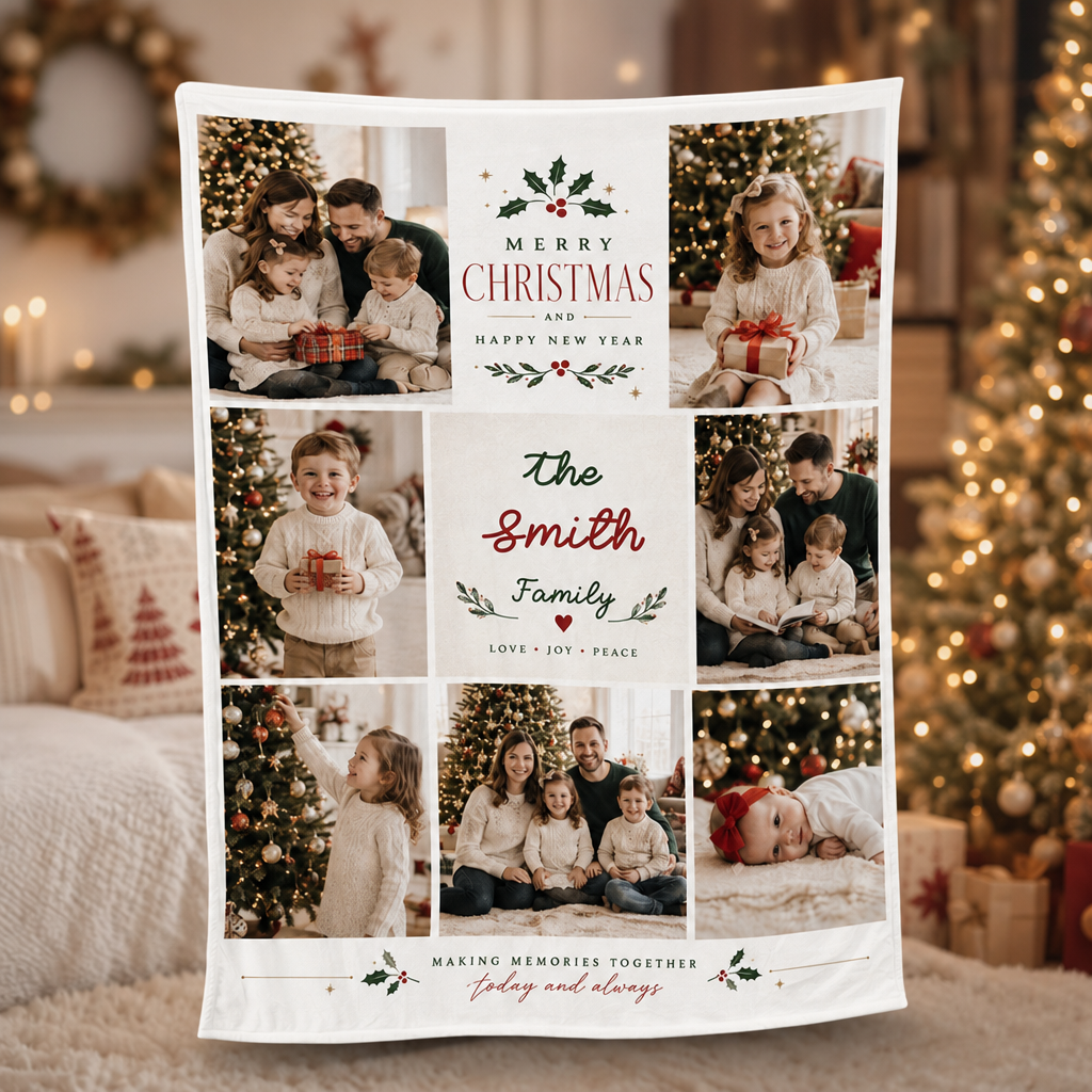 Personalized Multi Photo Grid Family Christmas Blanket, Custom Family Name Holiday Fleece Blanket, Cozy Xmas Picture Memory Throw Keepsake Gift