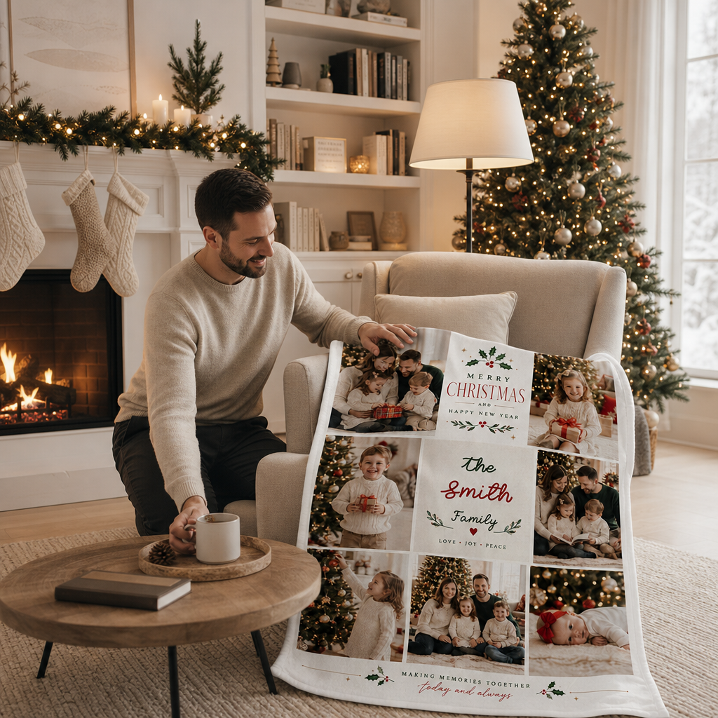 Personalized Multi Photo Grid Family Christmas Blanket, Custom Family Name Holiday Fleece Blanket, Cozy Xmas Picture Memory Throw Keepsake Gift