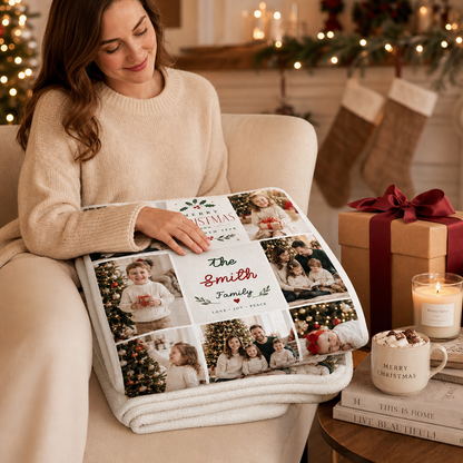 Personalized Multi Photo Grid Family Christmas Blanket, Custom Family Name Holiday Fleece Blanket, Cozy Xmas Picture Memory Throw Keepsake Gift
