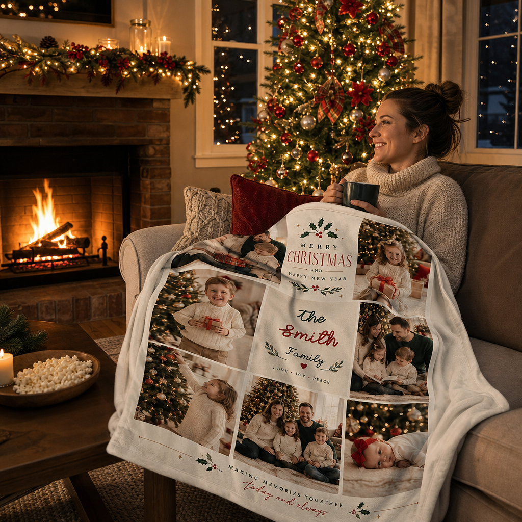 Personalized Multi Photo Grid Family Christmas Blanket, Custom Family Name Holiday Fleece Blanket, Cozy Xmas Picture Memory Throw Keepsake Gift