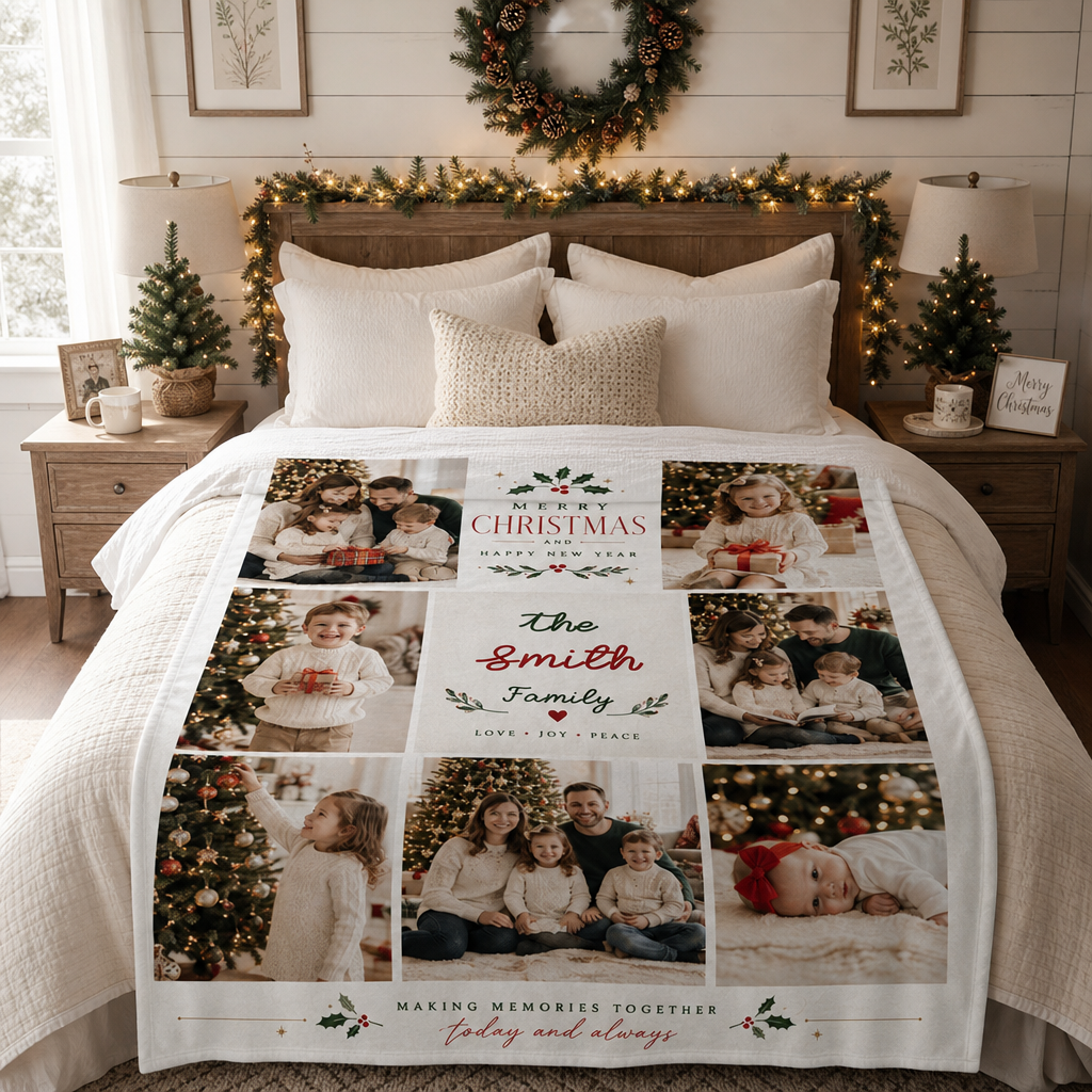 Personalized Multi Photo Grid Family Christmas Blanket, Custom Family Name Holiday Fleece Blanket, Cozy Xmas Picture Memory Throw Keepsake Gift
