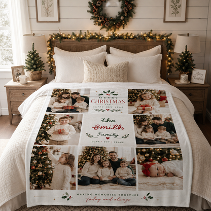 Personalized Multi Photo Grid Family Christmas Blanket, Custom Family Name Holiday Fleece Blanket, Cozy Xmas Picture Memory Throw Keepsake Gift