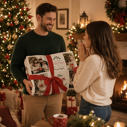Personalized Multi Photo Grid Family Christmas Blanket, Custom Family Name Holiday Fleece Blanket, Cozy Xmas Picture Memory Throw Keepsake Gift