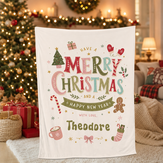 Personalized Have A Merry Christmas Blanket, Custom Name Pastel Holiday Fleece Blanket, Cozy Xmas Throw Keepsake Gift