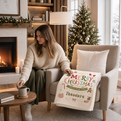 Personalized Have A Merry Christmas Blanket, Custom Name Pastel Holiday Fleece Blanket, Cozy Xmas Throw Keepsake Gift