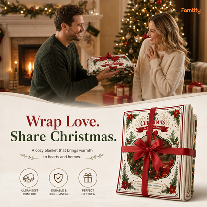 Personalized Photo Merry Christmas Poinsettia Wreath Blanket, Custom Family Name Holiday Fleece Blanket, Cozy Xmas Picture Memory Throw Keepsake Gift