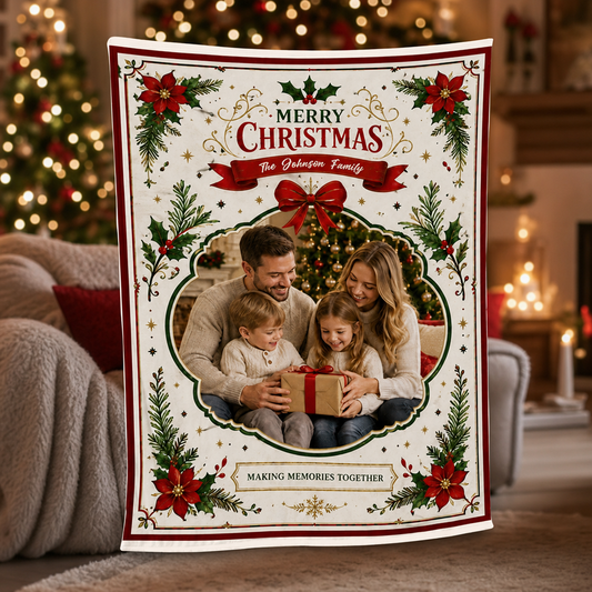 Personalized Photo Merry Christmas Poinsettia Wreath Blanket, Custom Family Name Holiday Fleece Blanket, Cozy Xmas Picture Memory Throw Keepsake Gift