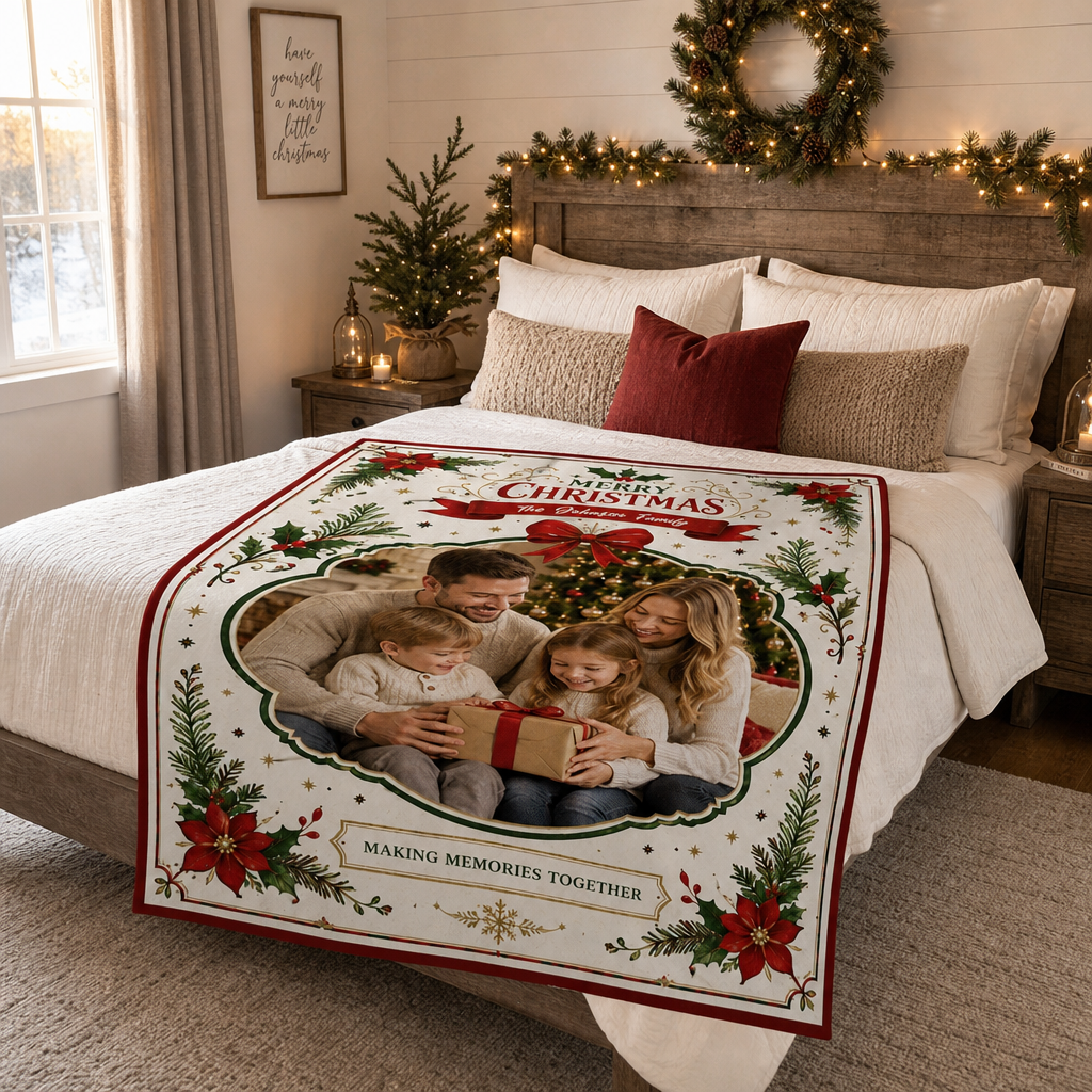 Personalized Photo Merry Christmas Poinsettia Wreath Blanket, Custom Family Name Holiday Fleece Blanket, Cozy Xmas Picture Memory Throw Keepsake Gift