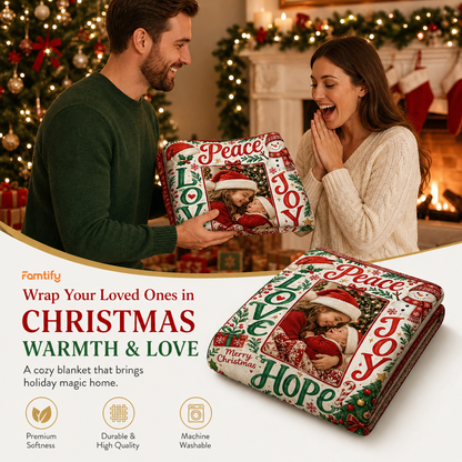 Personalized Photo Peace Love Joy Hope Christmas Blanket, Custom Picture Holiday Fleece Blanket for Family Kids, Cozy Xmas Throw Keepsake Gift