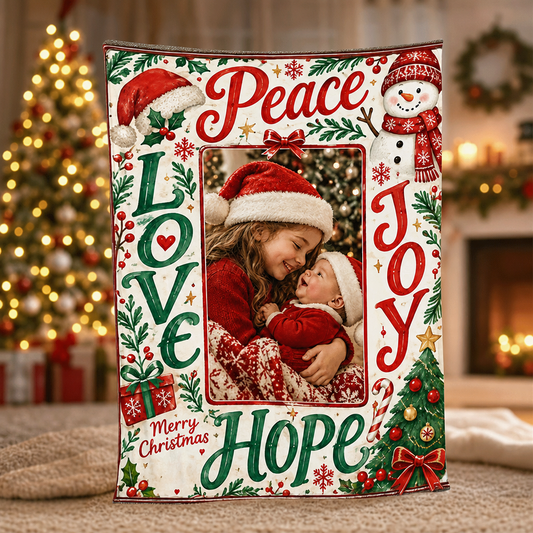 Personalized Photo Peace Love Joy Hope Christmas Blanket, Custom Picture Holiday Fleece Blanket for Family Kids, Cozy Xmas Throw Keepsake Gift