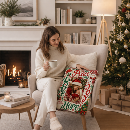 Personalized Photo Peace Love Joy Hope Christmas Blanket, Custom Picture Holiday Fleece Blanket for Family Kids, Cozy Xmas Throw Keepsake Gift